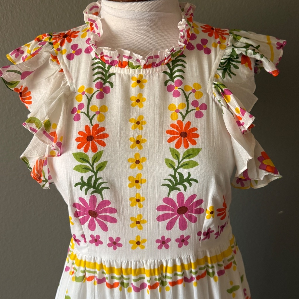 BANJANAN NWT Hannah Dress White Floral Print Long Maxi Flutter Sleeve Sz S - Picture 10 of 10